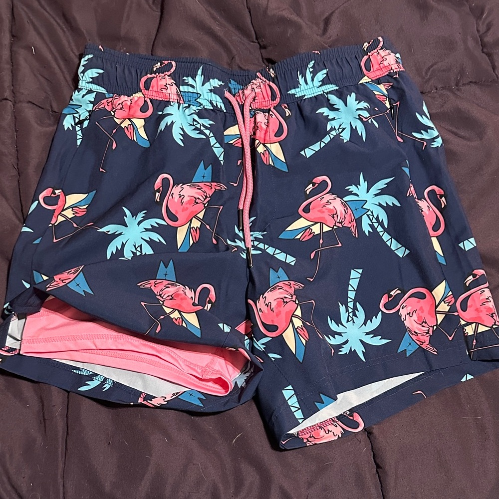 Men's Navy Athletic Shorts with Pink Flamingo Print